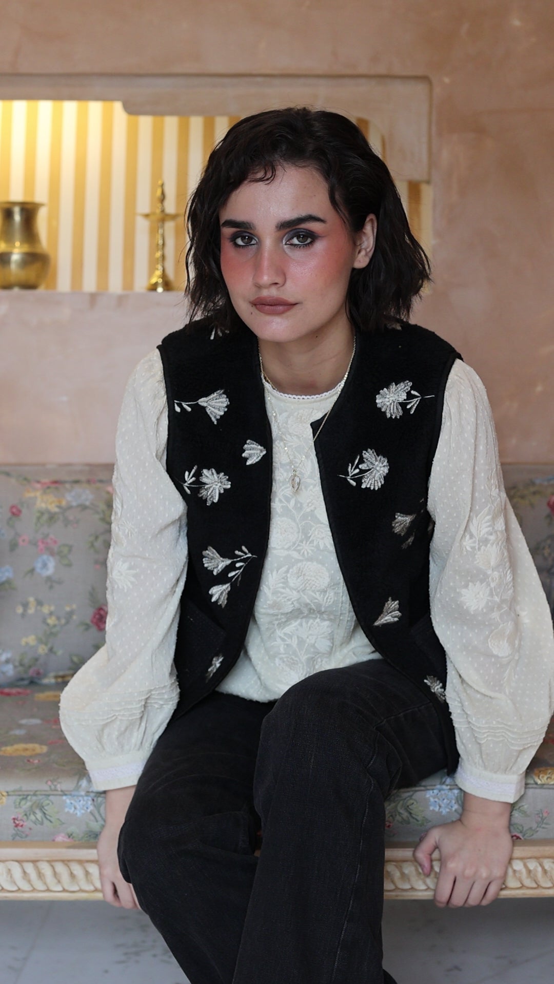 Meera Embroidered Teddy Gilet in Black - delivery beg Nov
