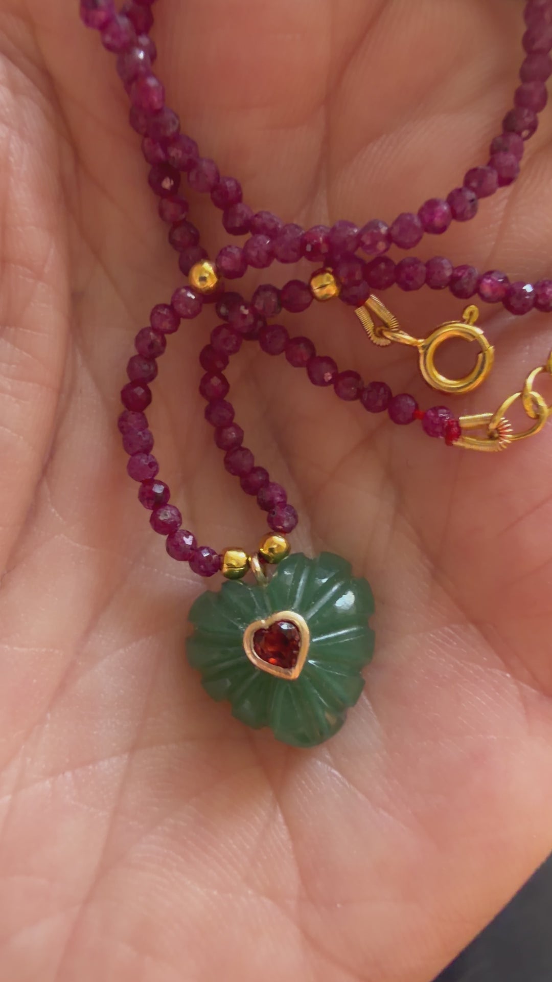 Jaipur Carved Heart Necklace in Aventurine & Ruby - SHIPS 9TH SEPTEMBER