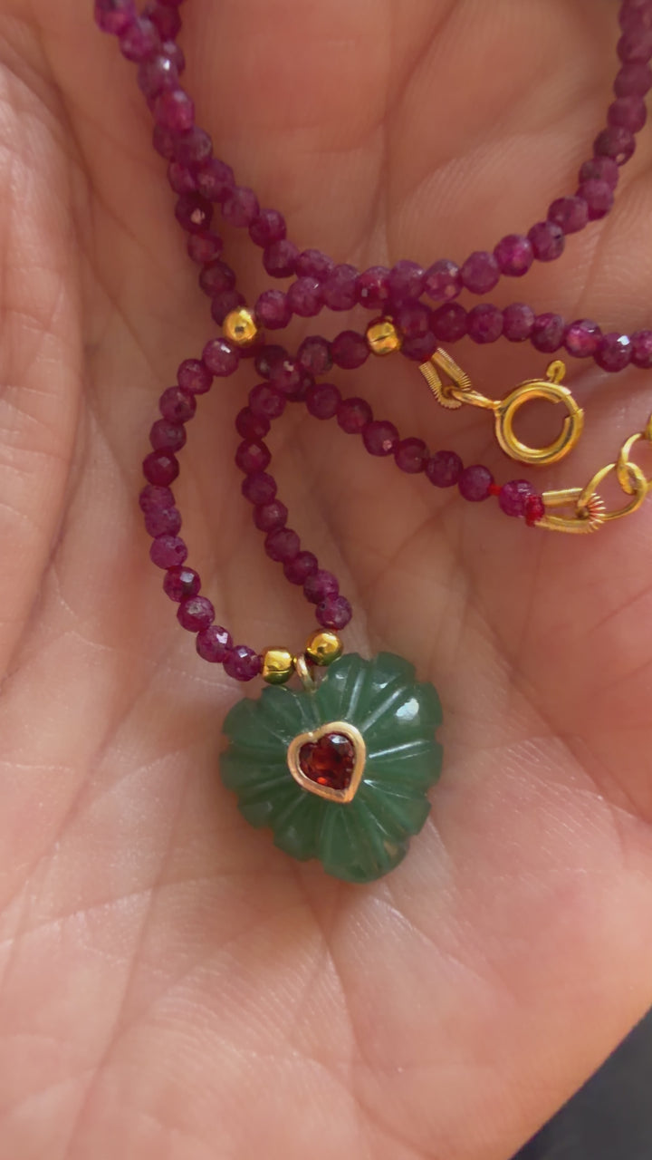 Jaipur Carved Heart Necklace in Aventurine & Ruby - SHIPS 9TH SEPTEMBER