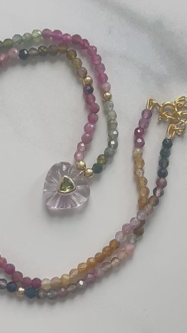 Jaipur Carved Heart Necklace in Tourmaline & Amethyst