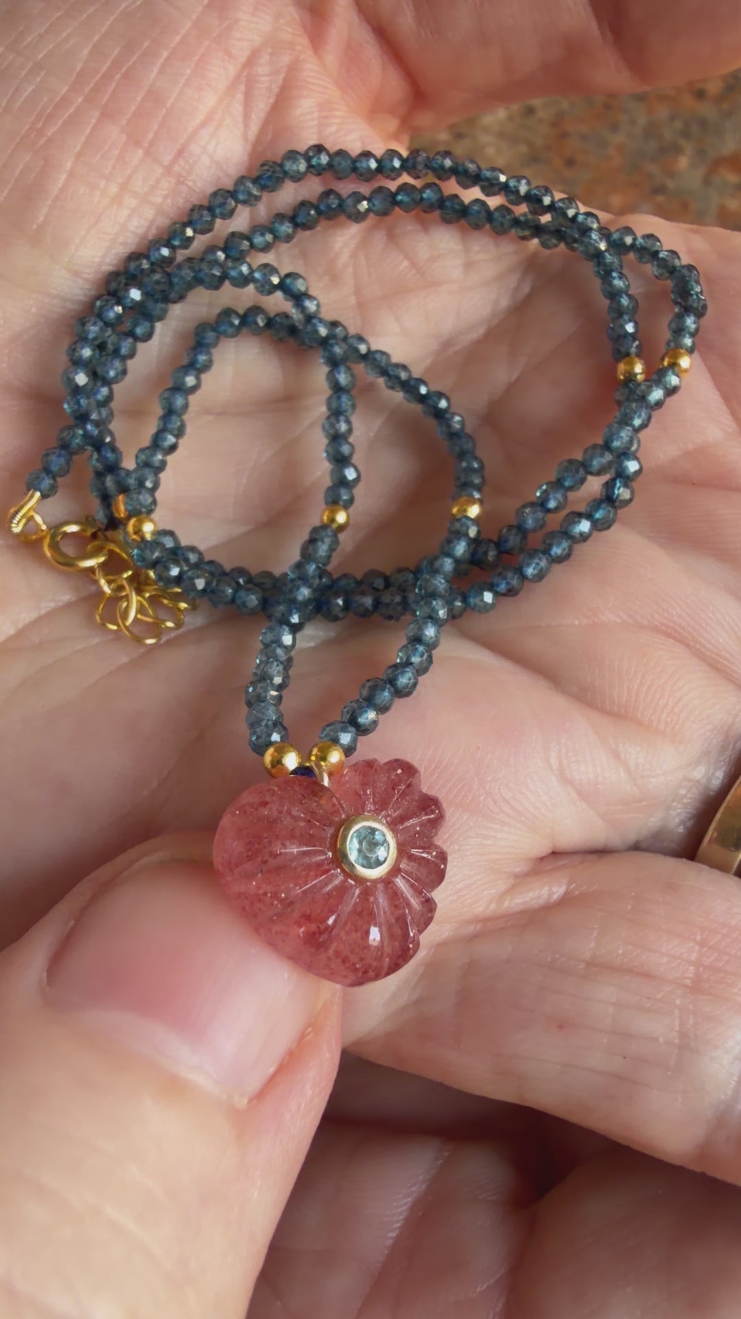 Jaipur Carved Heart Necklace in Strawberry Quartz & Blue Topaz - SHIPS 9TH SEPTEMBER