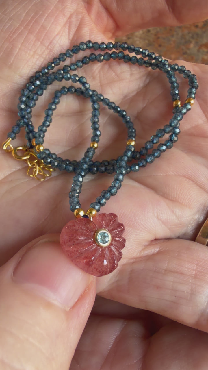 Jaipur Carved Heart Necklace in Strawberry Quartz & Blue Topaz - SHIPS 9TH SEPTEMBER