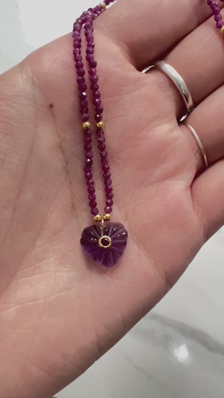 Jaipur Carved Heart Necklace in Ruby & Amethyst