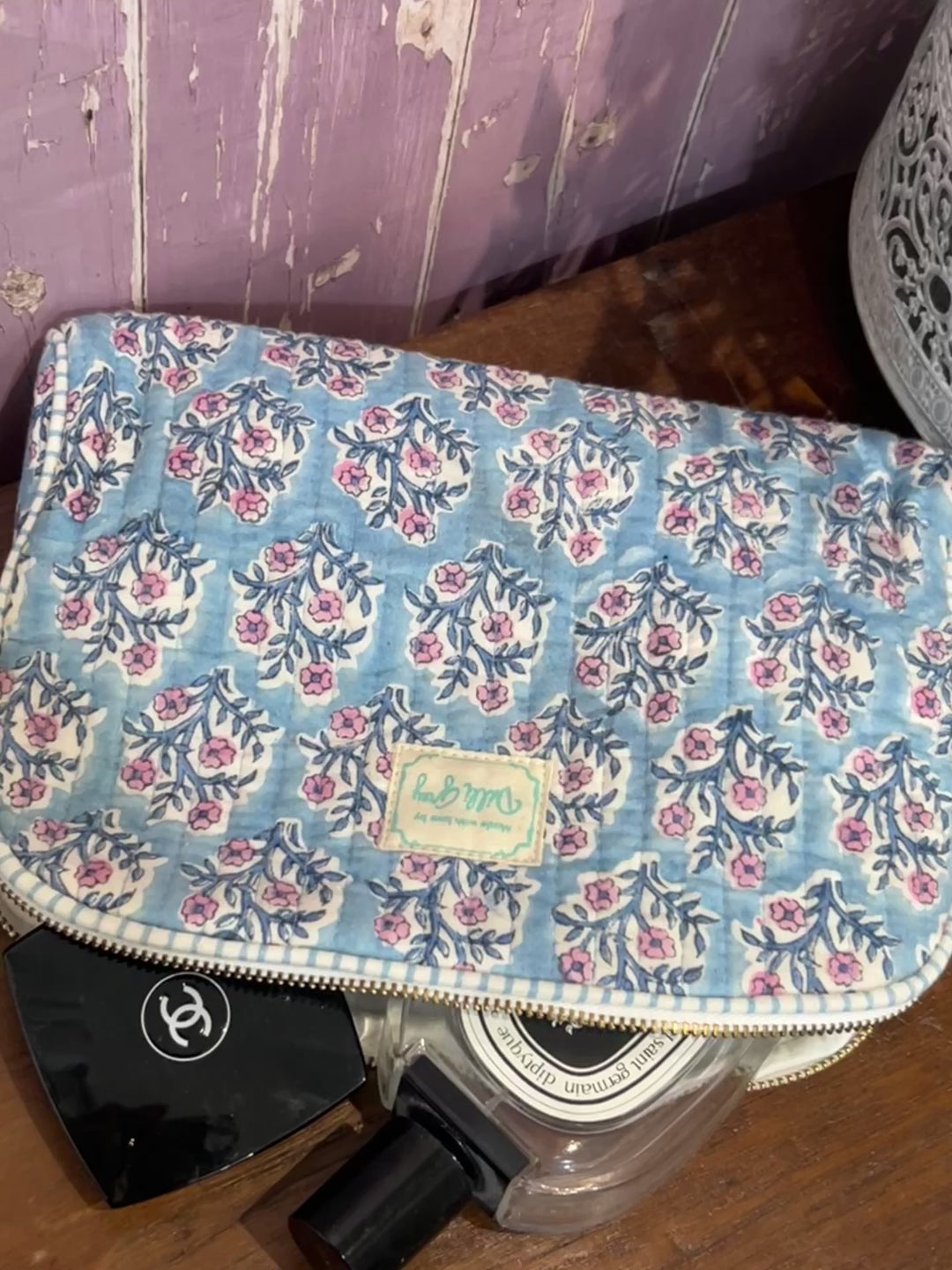 Dusty Blue and Lavender Mogra Makeup Pouch