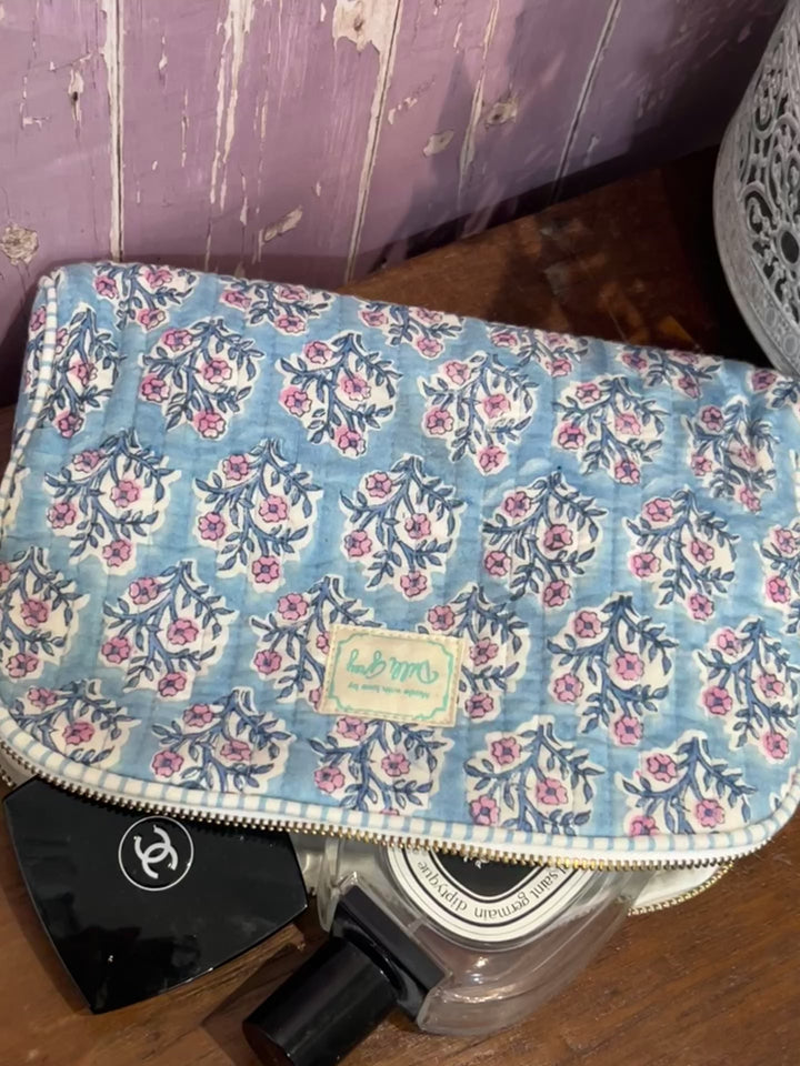 Dusty Blue and Lavender Mogra Makeup Pouch