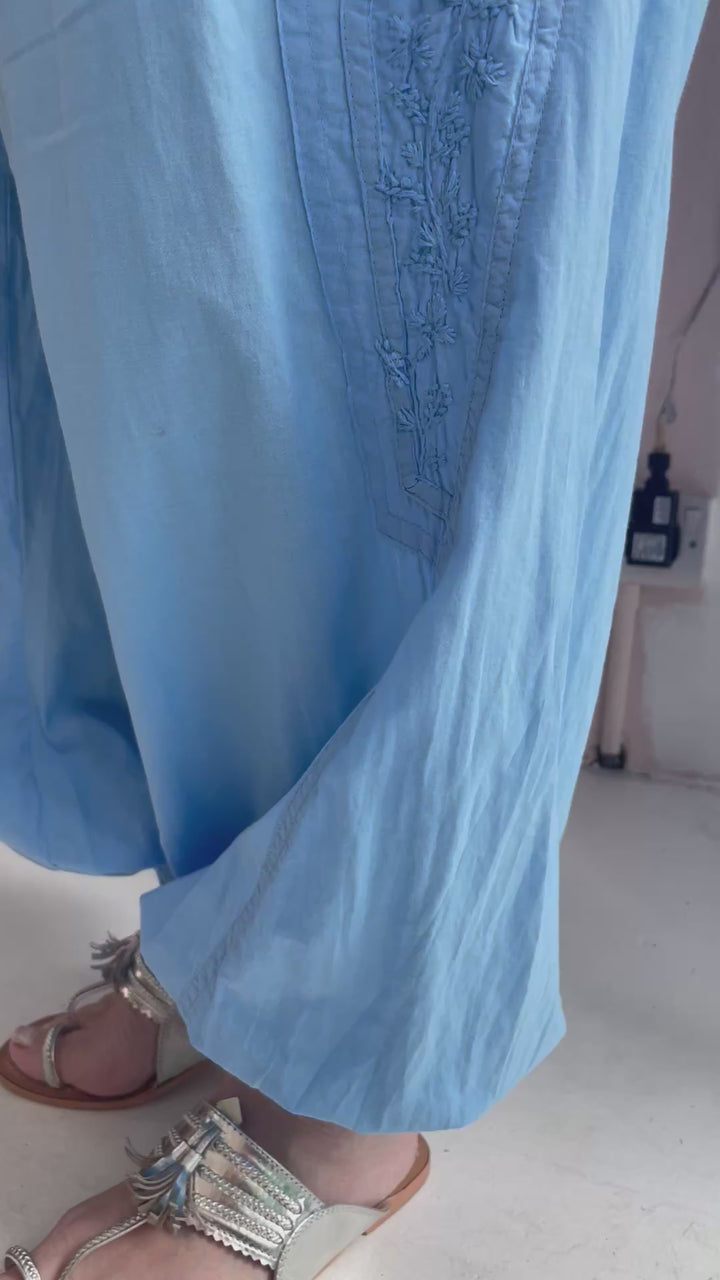 Chikankari-embroidered yoga pants in sky blue