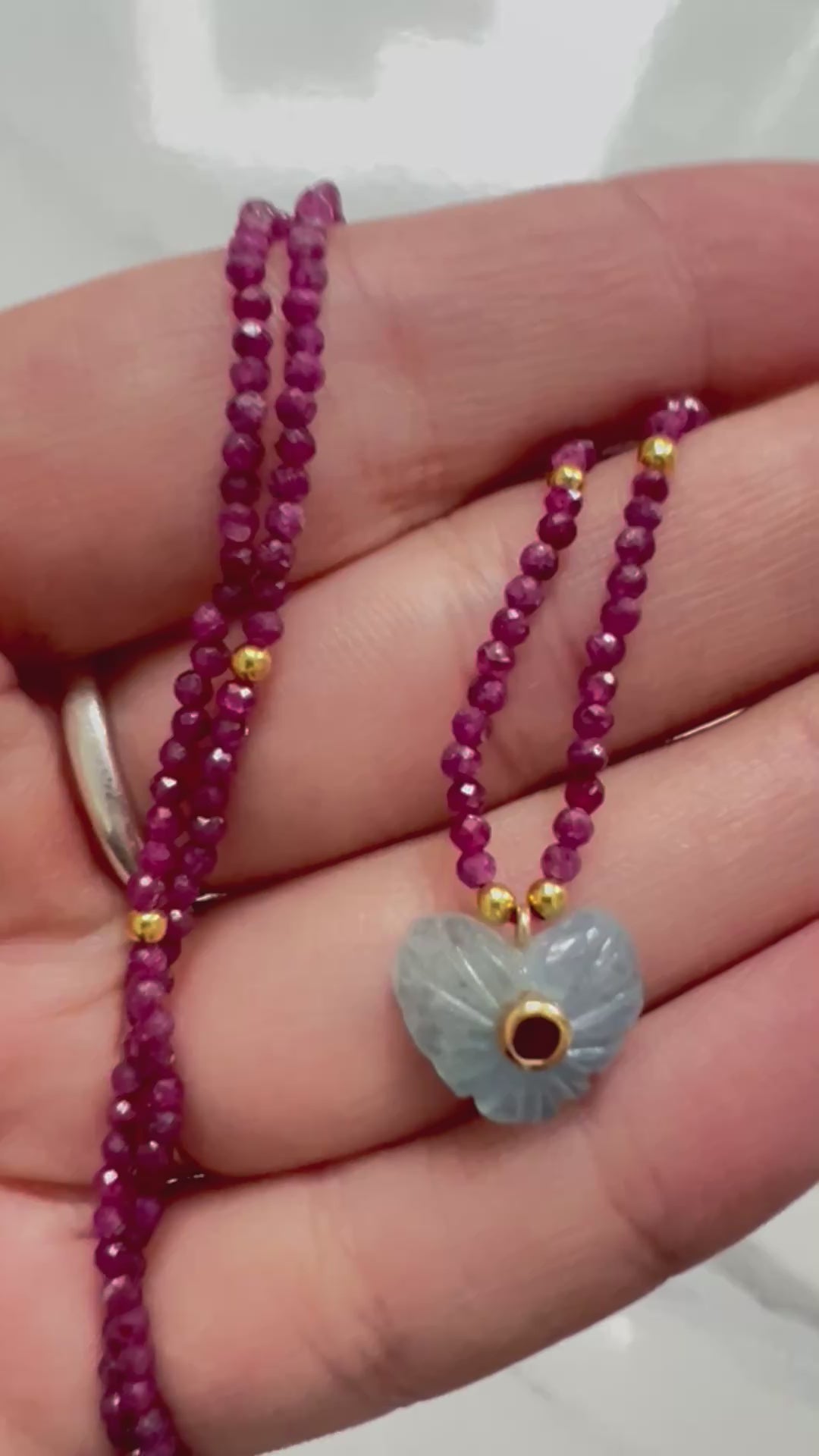 Jaipur Carved Heart Necklace in Ruby & Aquamarine