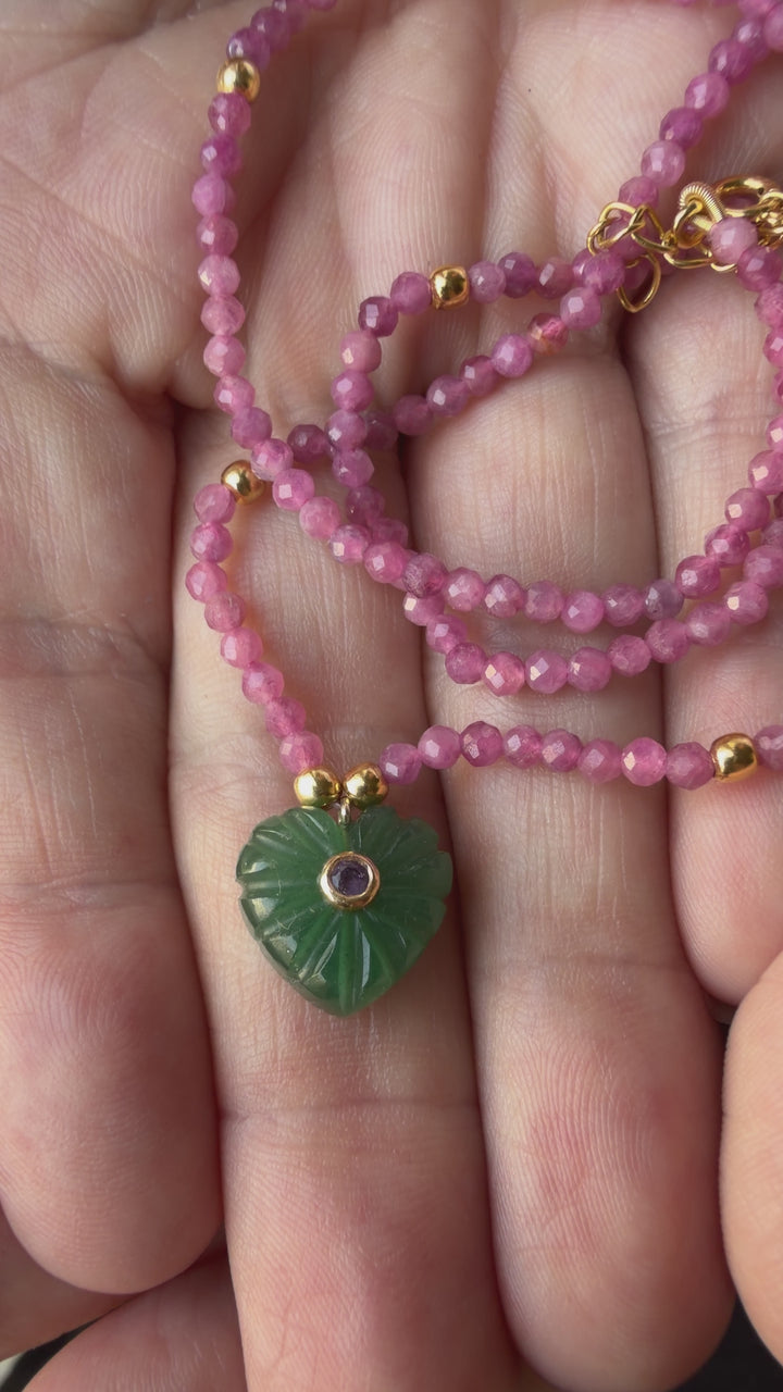 Jaipur Carved Heart Necklace in Aventurine & Pink Tourmaline  - SHIPS 9TH SEPTEMBER