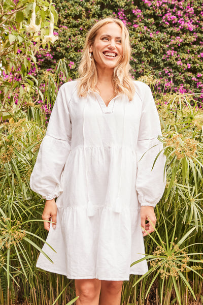 Sunita embroidered linen tunic dress in white