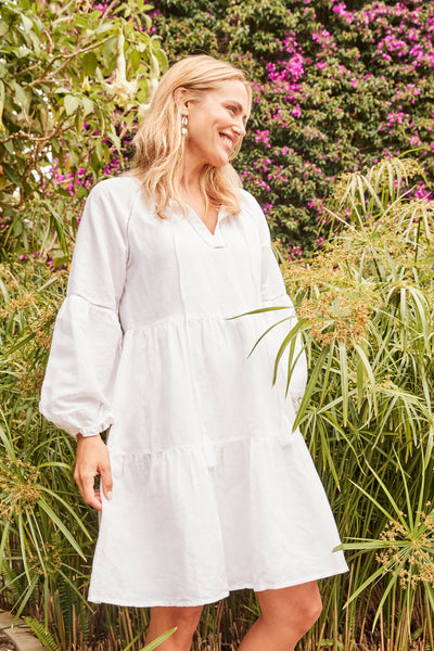 Sunita embroidered linen tunic dress in white