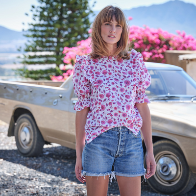 Emily Floral Top In Rani Pink