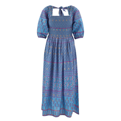 Lizzie Smocked Maxi Dress in Blue Paisley