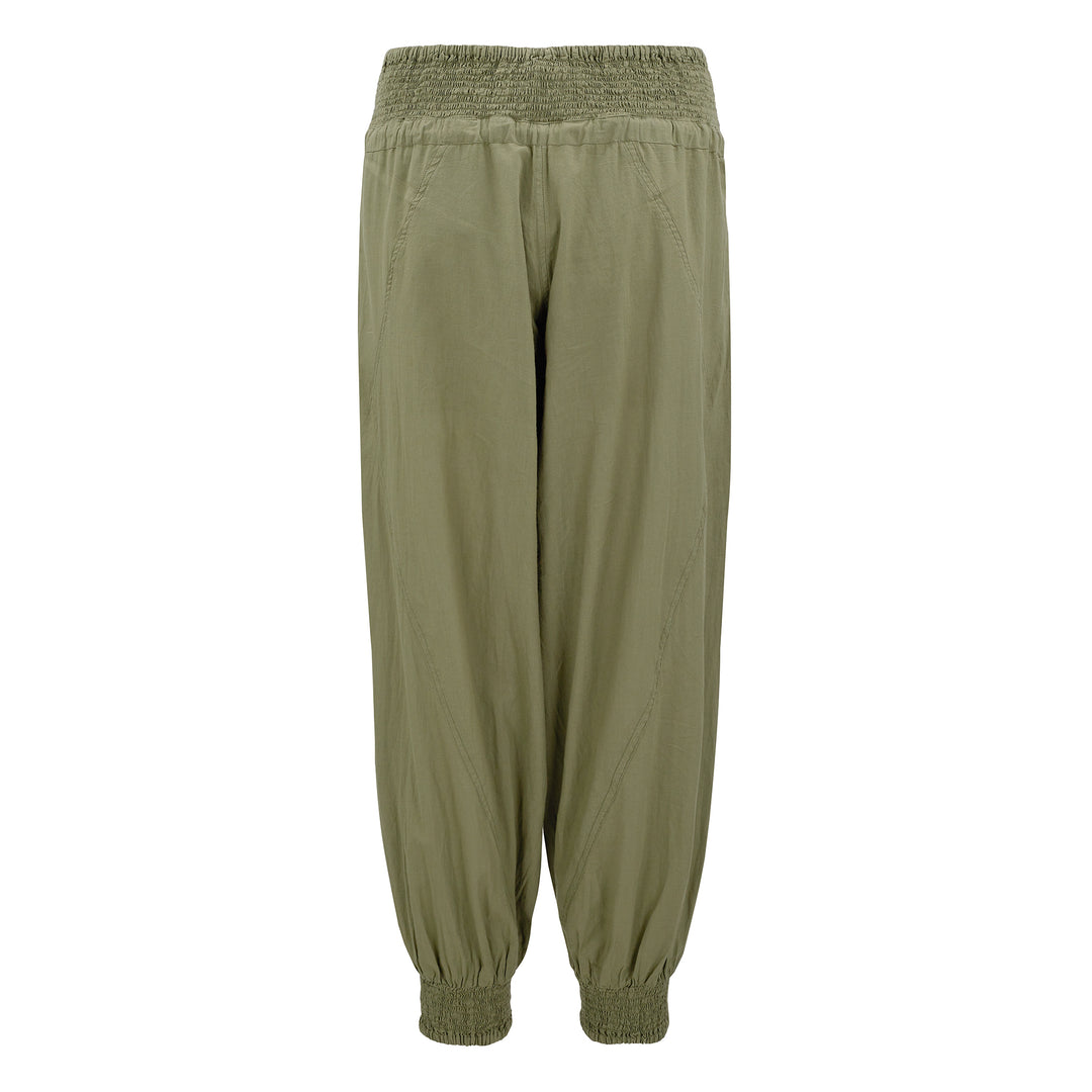 Chikankari-embroidered yoga pants in khaki - Dilli Grey