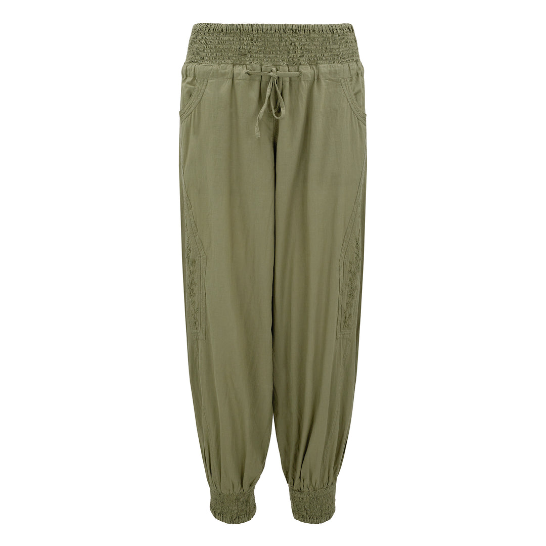 Chikankari-embroidered yoga pants in khaki - Dilli Grey