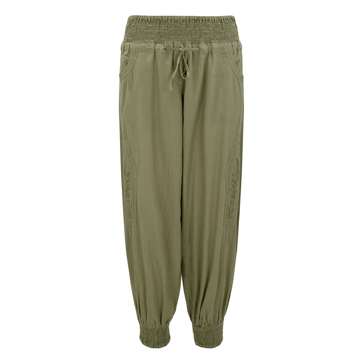 Chikankari-embroidered yoga pants in khaki - Dilli Grey