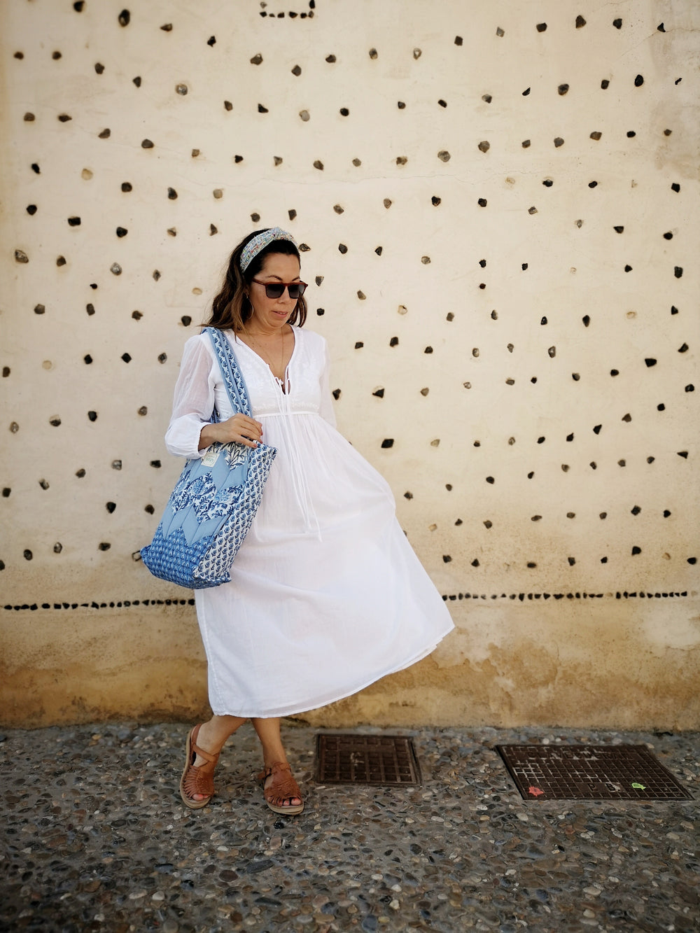 white cotton boho midi dress