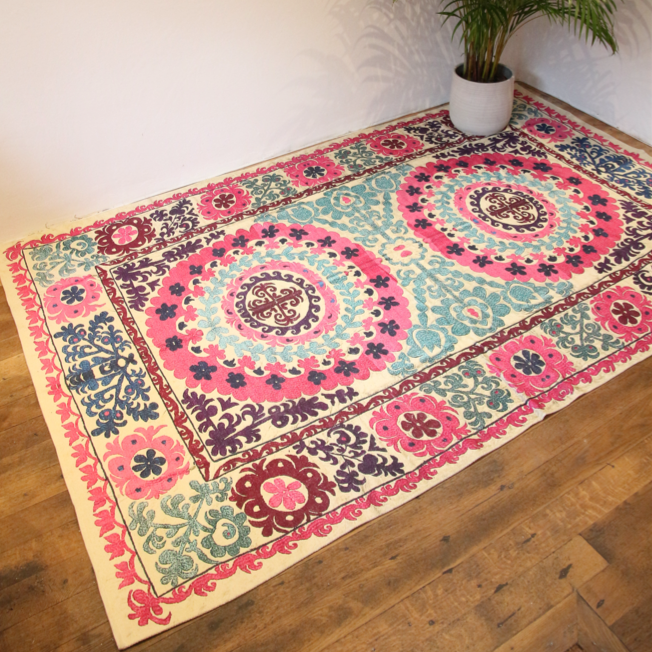 Suzani Print Cotton Rug in Pink and Aqua