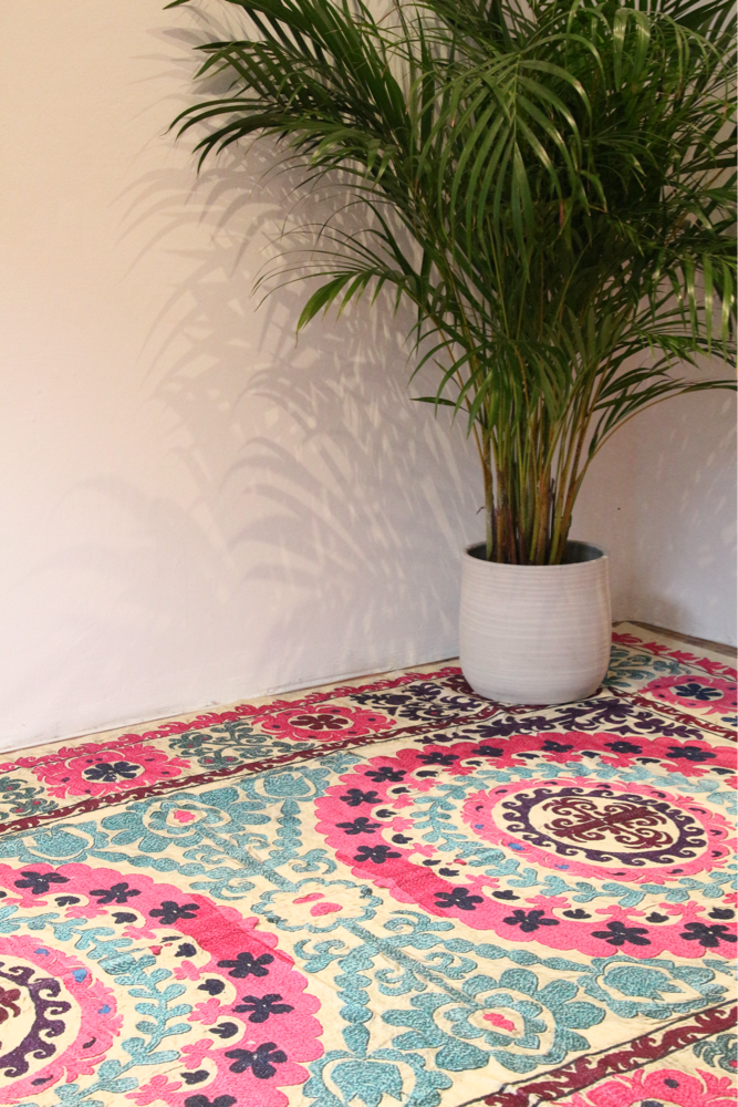 Suzani Print Cotton Rug in Pink and Aqua