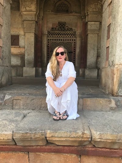 Chikankari-embroidered maxi dress in white - Dilli Grey