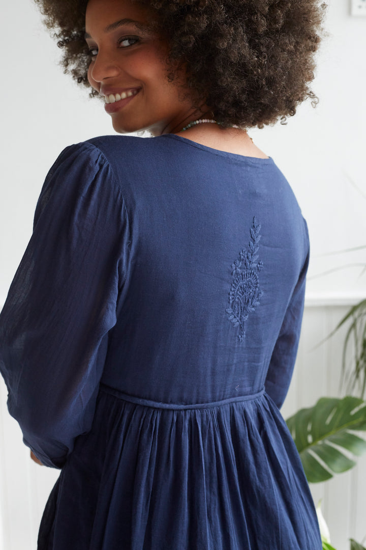 Chikankari-embroidered Midi Dress in Midnight Blue