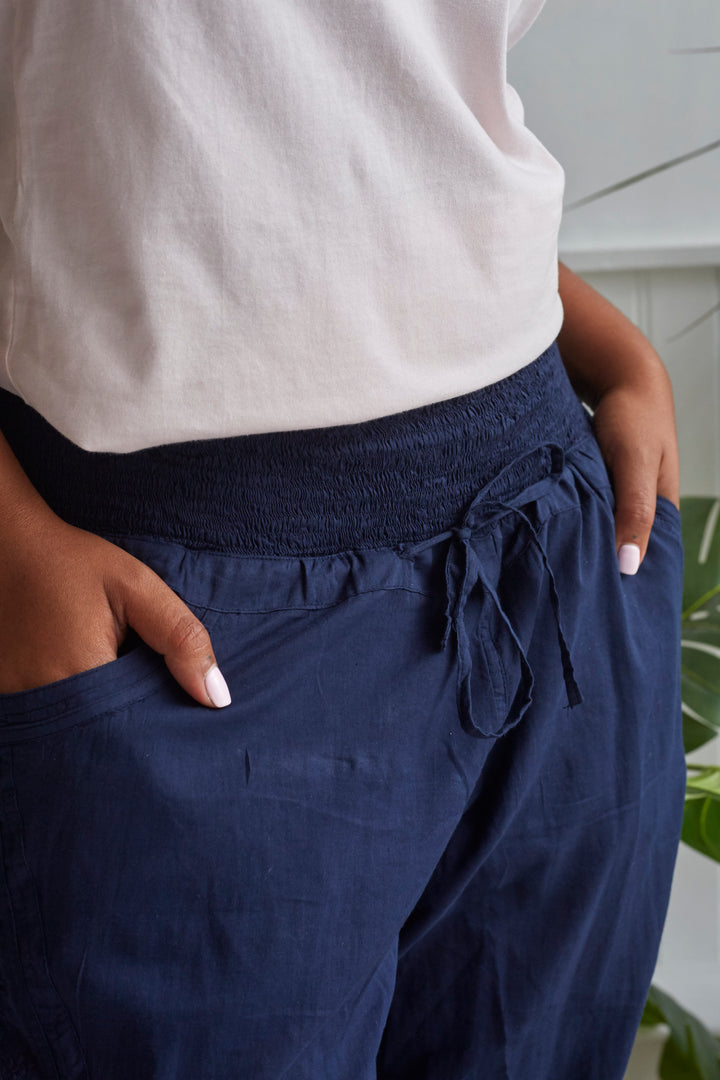 Chikankari-embroidered yoga pants in Midnight blue - Dilli Grey