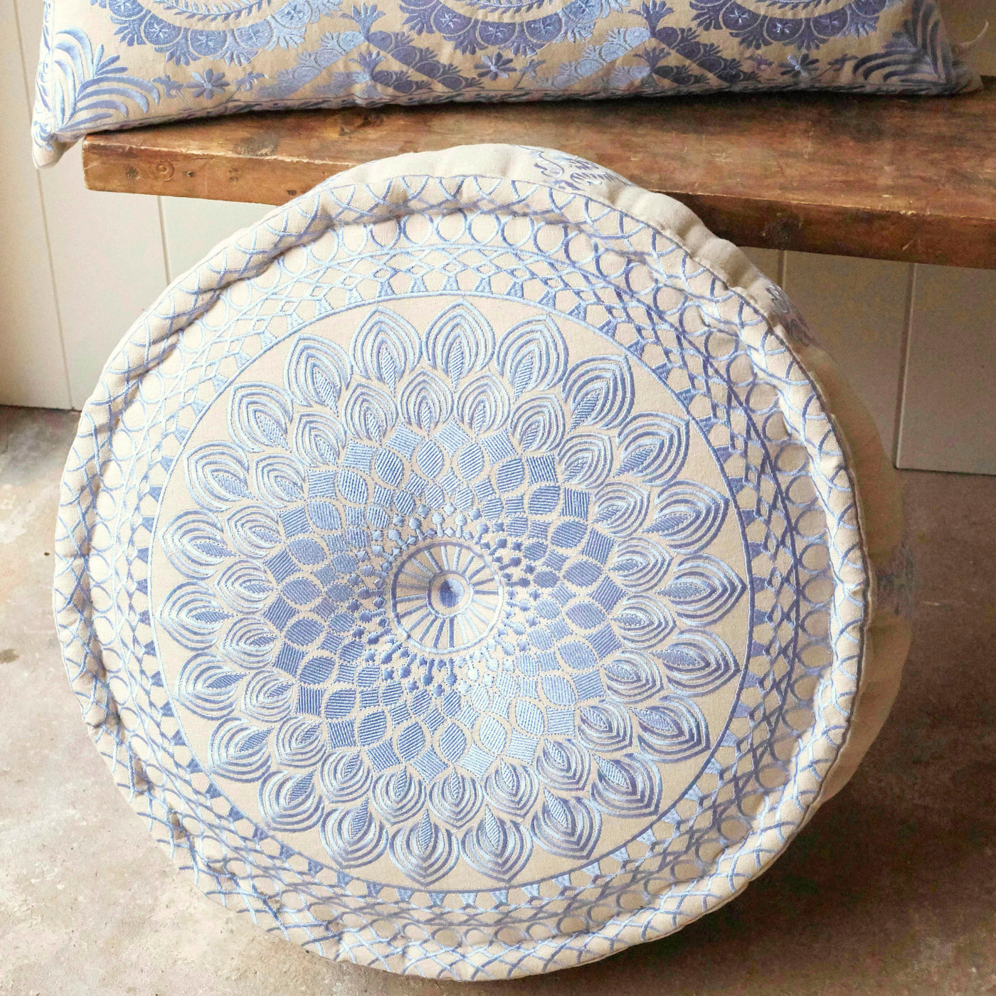 Country blue embroidered pouffe