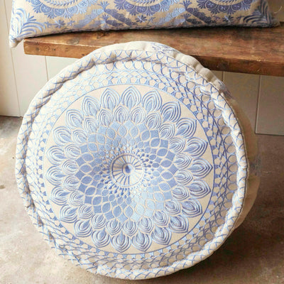 Country blue embroidered pouffe