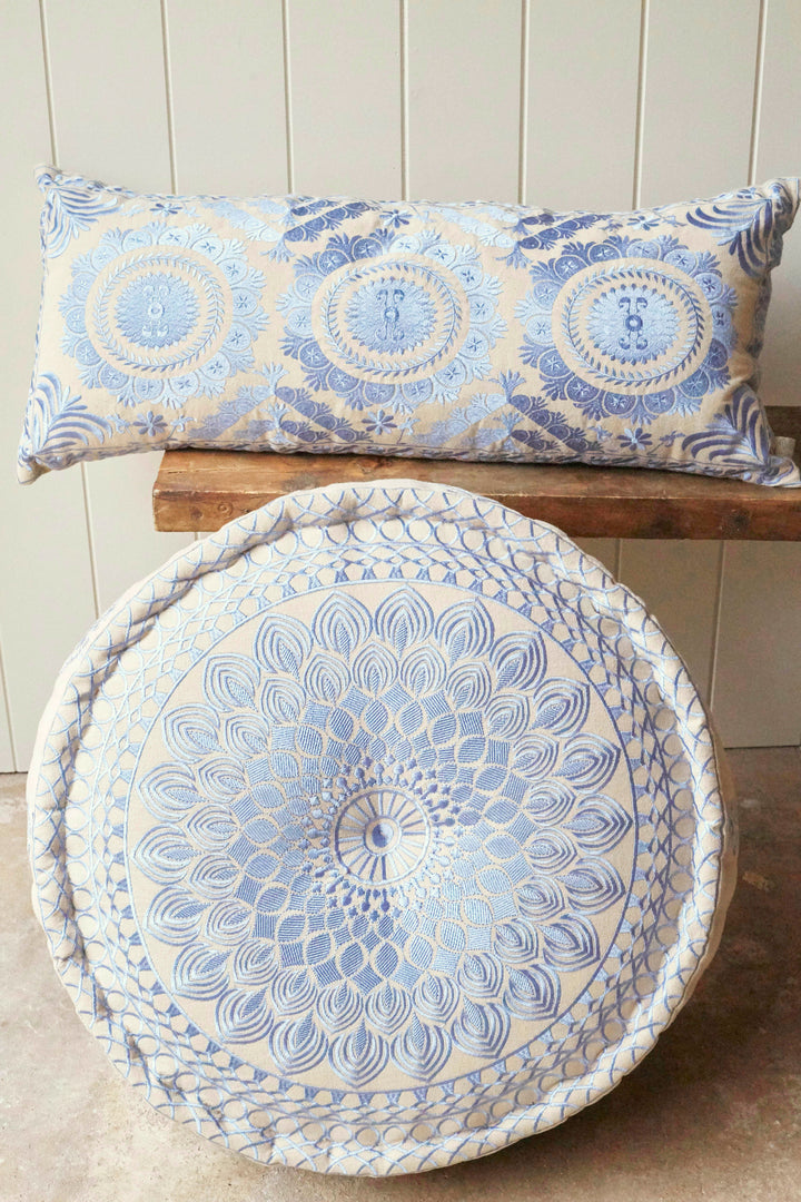 Country blue embroidered pouffe