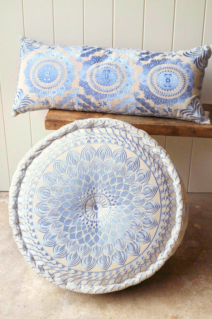 Country blue embroidered pouffe
