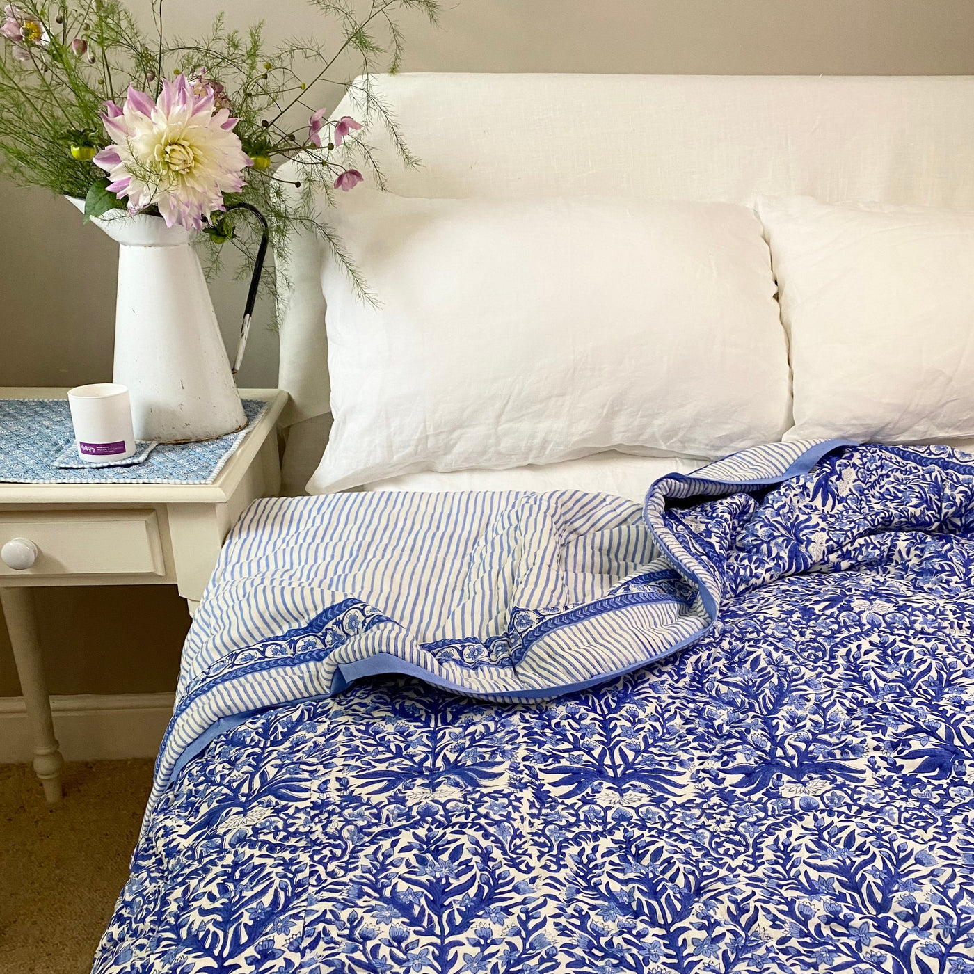Surf blue Maharani hand-block printed quilt