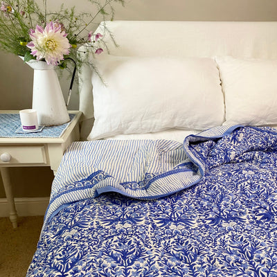 Surf blue Maharani hand-block printed quilt