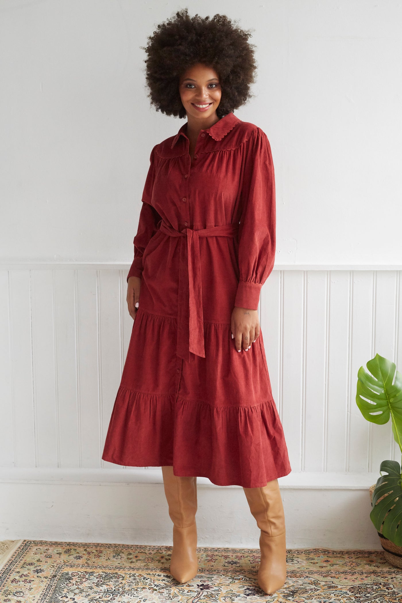 Vanessa Button Through Cord Dress in Masala