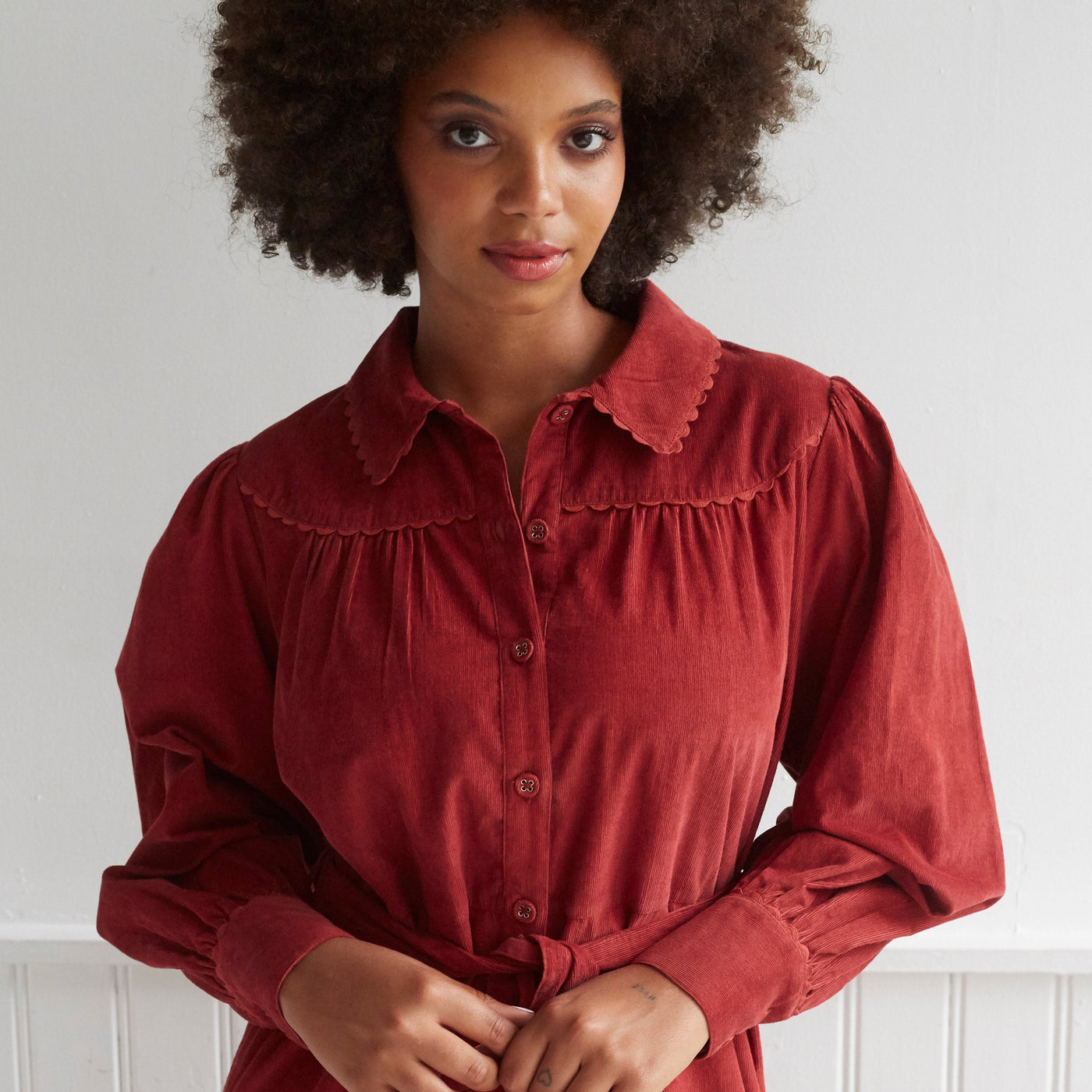 Vanessa Button Through Cord Dress in Masala