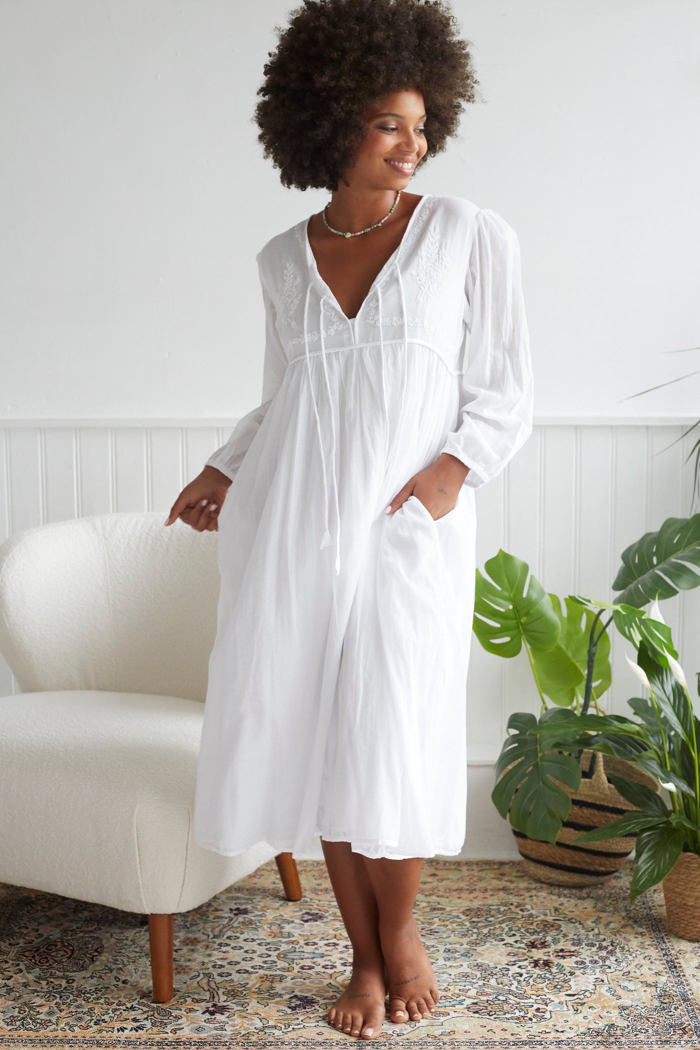 Chikankari-embroidered Midi Dress in White