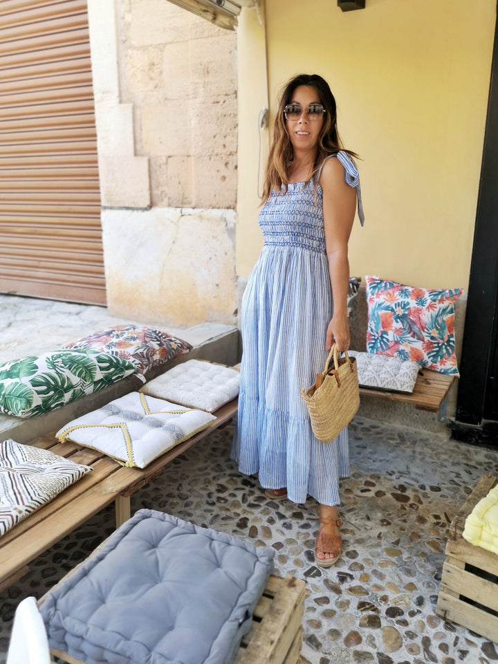 Yasmin striped smocked sun dress in blue